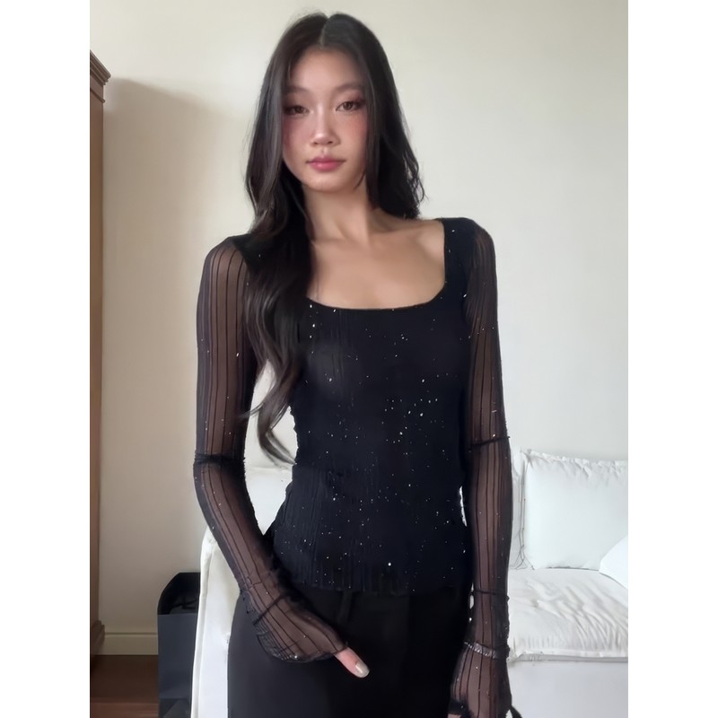 大码胖MM黑色方领长袖紧身女2025早秋打底衫透感弹力亮片网纱上衣