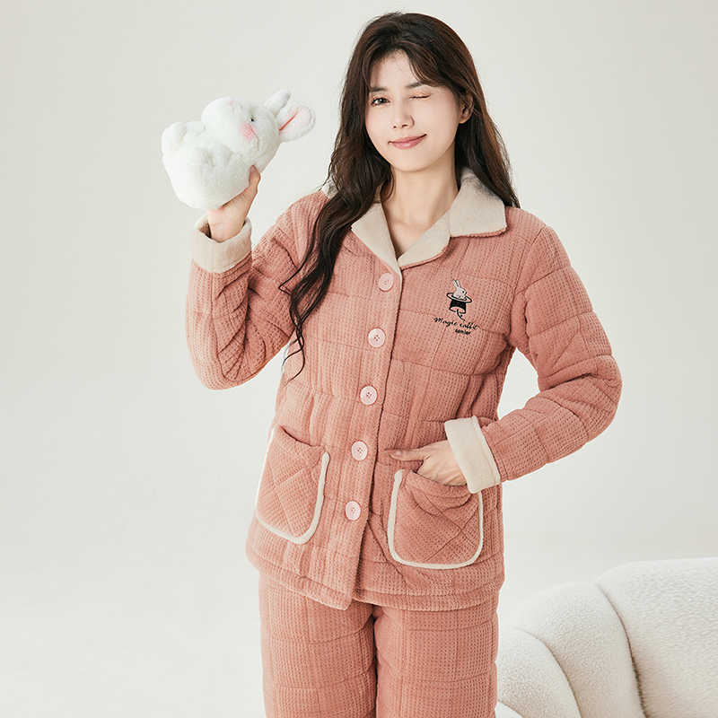 芬腾加厚夹棉冬季保暖睡衣家居服套装长袖加绒