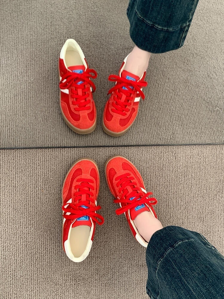复古红色德训2025日常时尚百搭多巴胺休闲运动鞋红色阔腿裤必备鞋