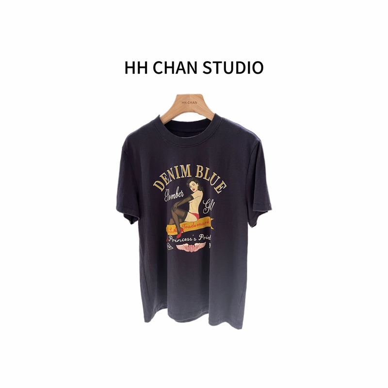 HH.CHAN“飙车女神”100%棉美式印花藏青色圆领正肩短袖HH52D36666