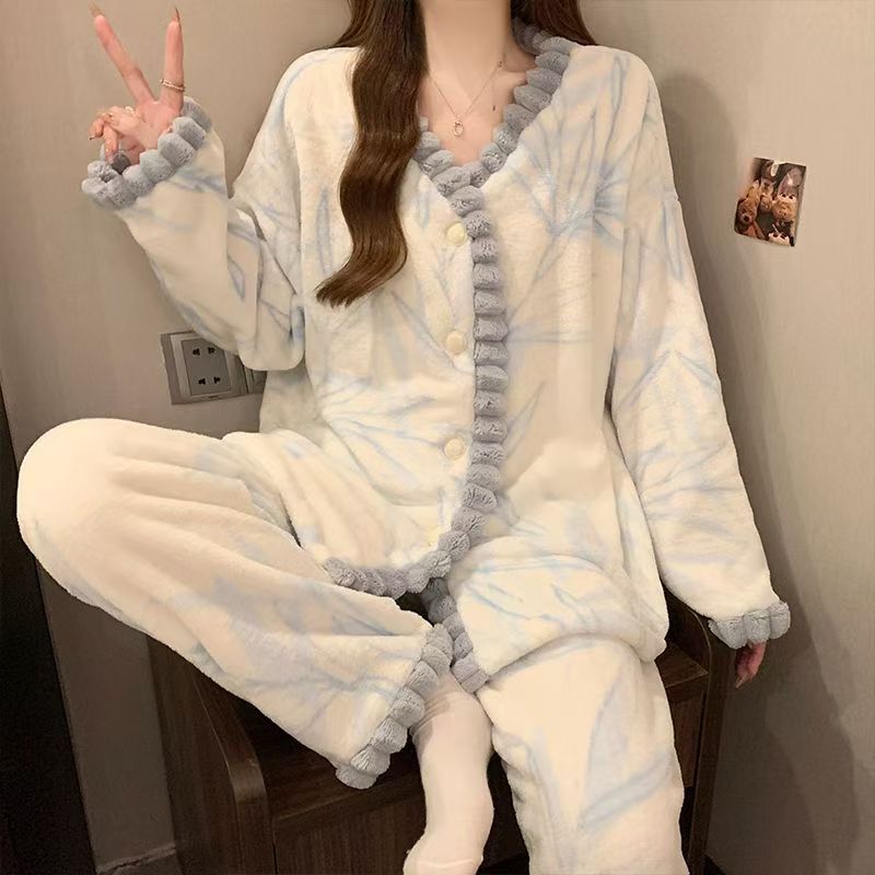 新款绿色香风睡衣女冬长袖长裤开衫法兰绒保暖家居服套装5062