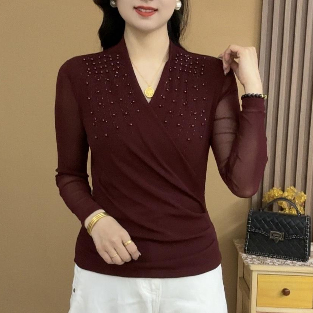 2025春季新款长袖网纱时尚气质显瘦交叉领钉珠纯色上衣小衫2527
