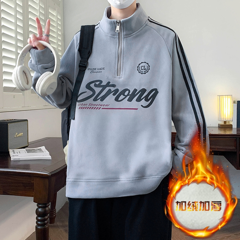 2025男生冬季新款半高领奥粒绒卫衣青少年学生宽松版加绒加厚上衣