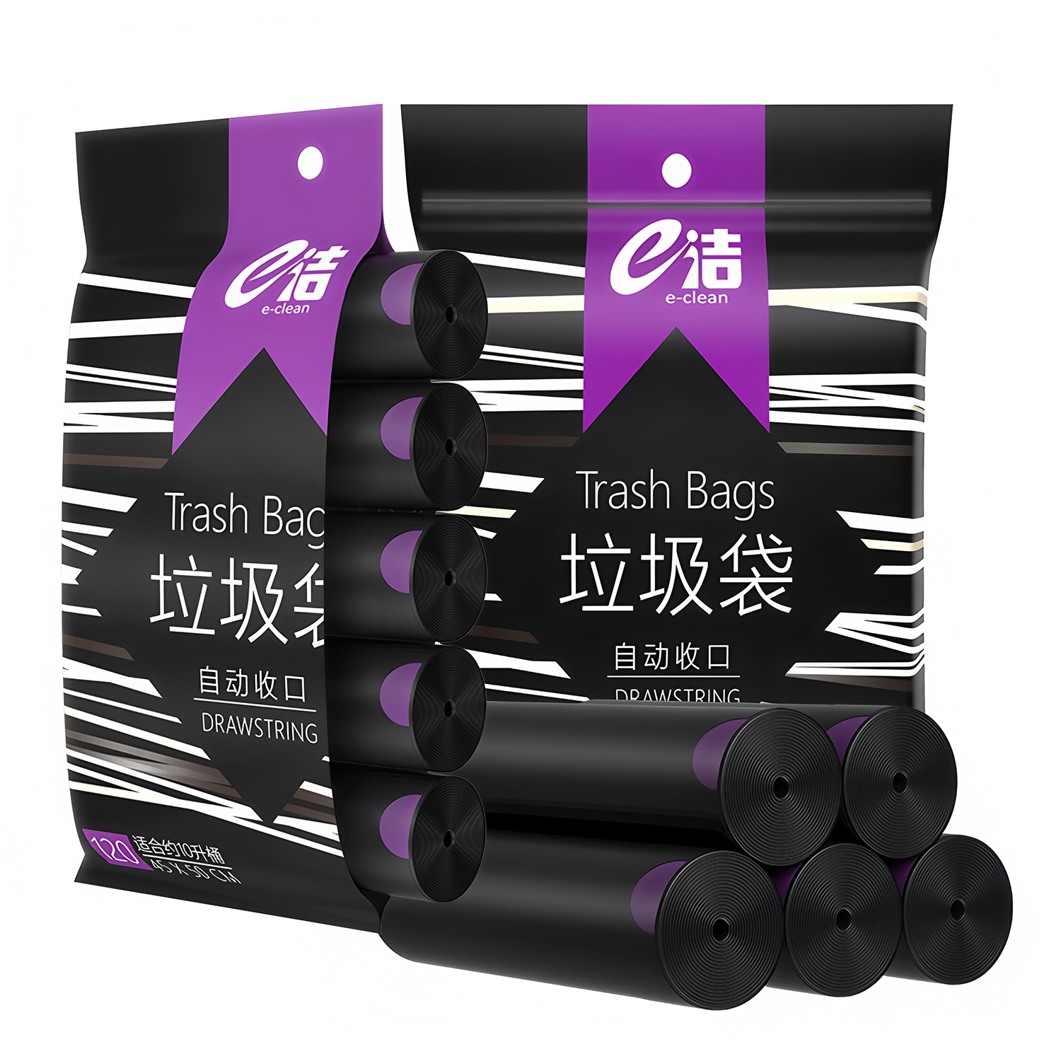e洁垃圾袋手提式加厚家用加大号厨房一次性黑色免撕抽绳塑料袋子