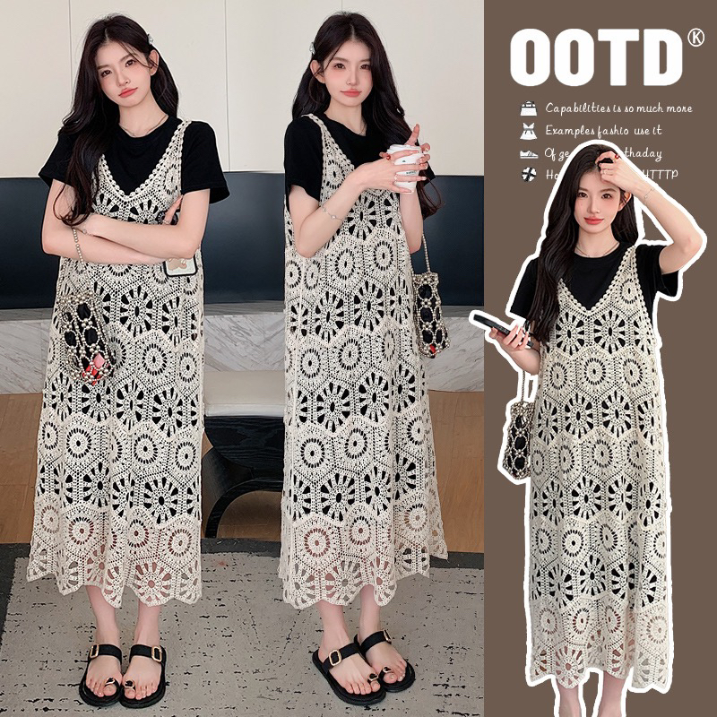 2025夏季新品镂空叠穿吊带连衣裙孕妇两件套打底长款连衣裙