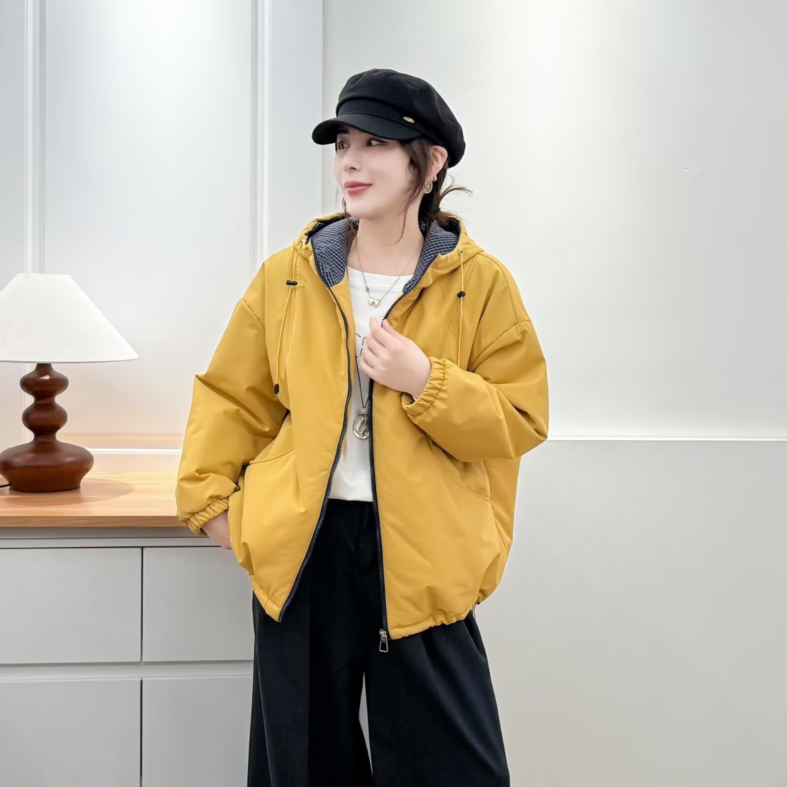 大码冬季加厚保暖拼接常规宽松常规连帽面包服棉衣棉服320
