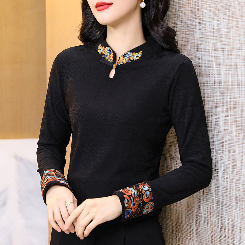 新中式德绒上衣女装磨毛打底衫长袖春秋冬新款中国风刺绣t恤小衫