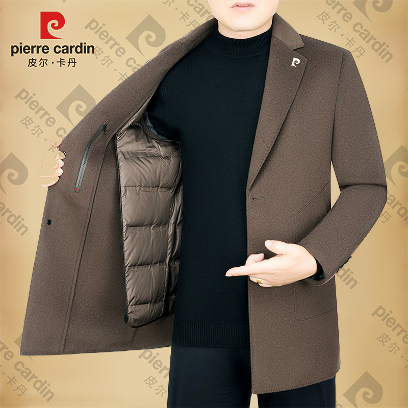 皮尔卡丹男士新款中长款西装领外套西服加厚保暖双面呢中年男装潮