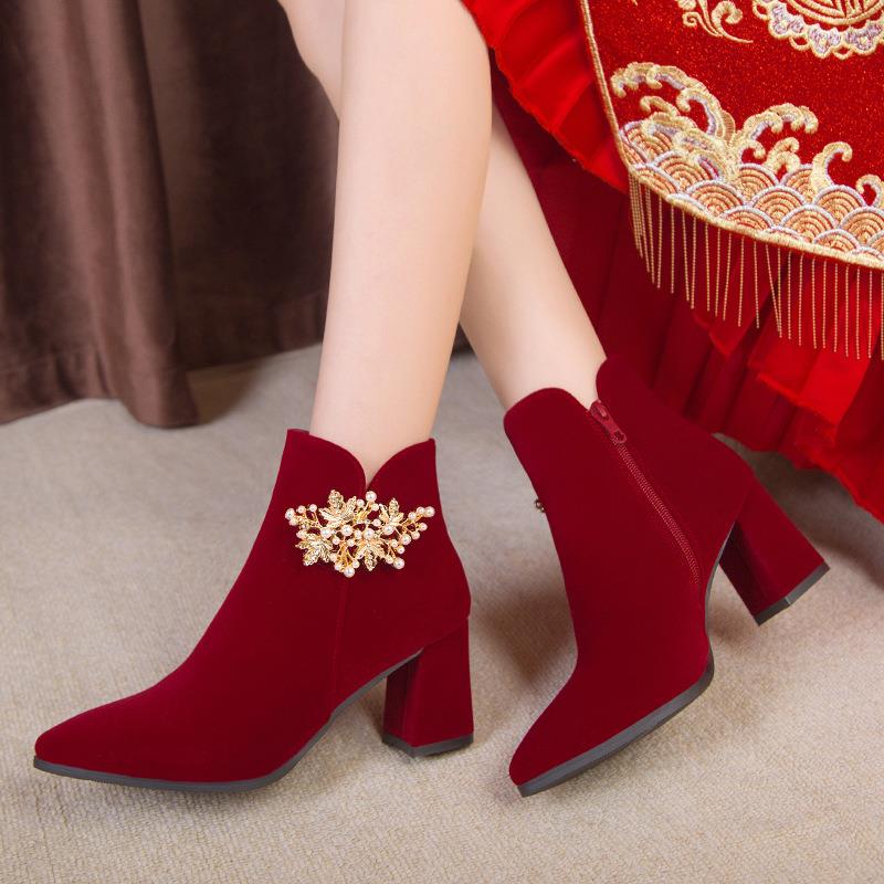 【万达撤柜】婚靴新娘秀禾服结婚鞋女高跟敬酒短靴2025秋冬季红色加