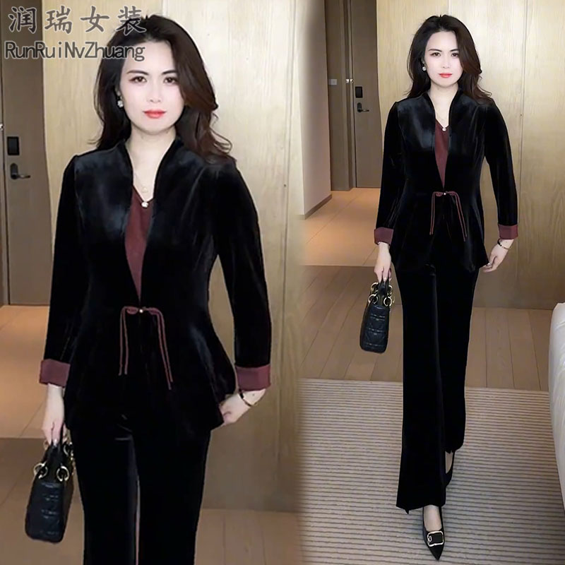 新中式国风时尚套装女2025秋季新款小个子盘扣外套微喇裤三件套潮