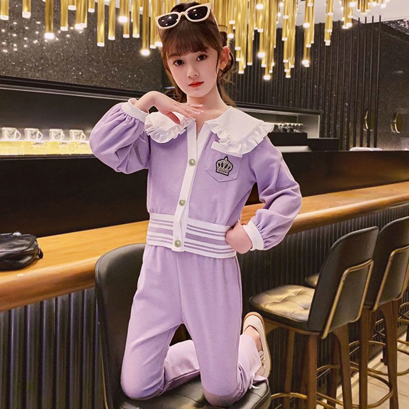 中大童洋气春秋套装2025女童新款时尚休闲娃娃领上衣长裤两件套潮