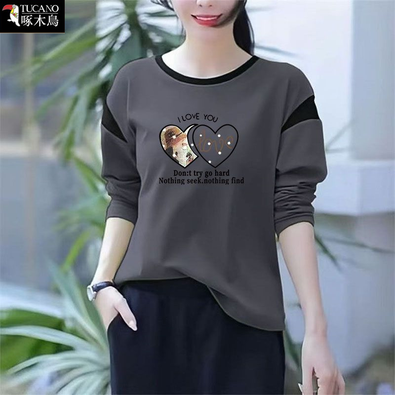啄木鸟圆领长袖打底衫2026年春秋新款印花休闲宽松显瘦上衣T恤女