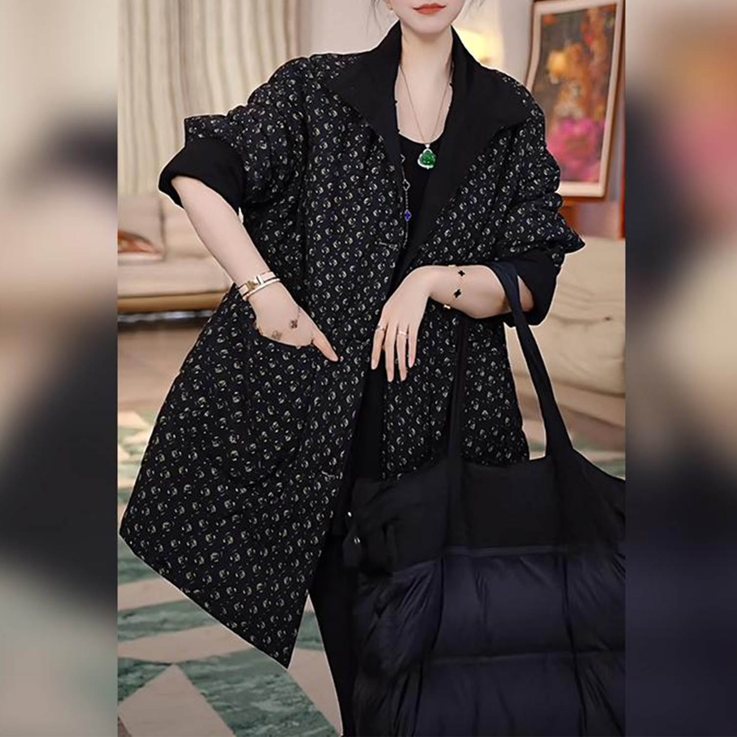 秋季时尚宽松遮肉显瘦纯色拼接碎花双面双穿中长款加棉保暖棉衣女