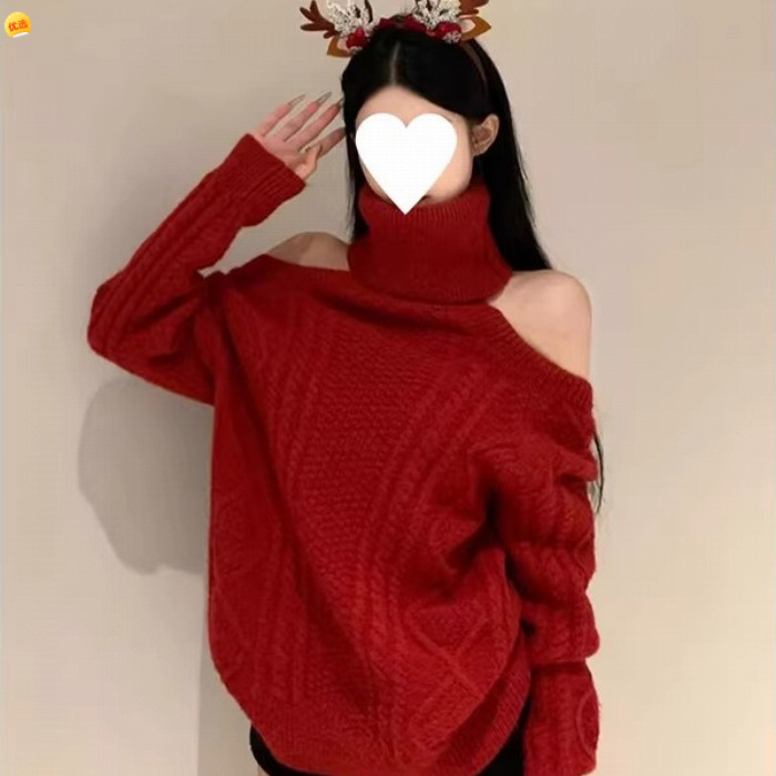 复古漏肩麻花高领毛衣上衣女秋冬大码胖宽松性感红色圣诞针织衫