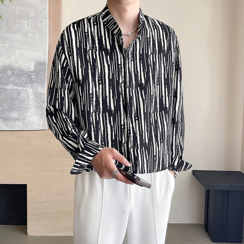轻奢级秋季竖条纹免烫抗皱立领衬衫男士长袖修身商务休闲衬衣男潮