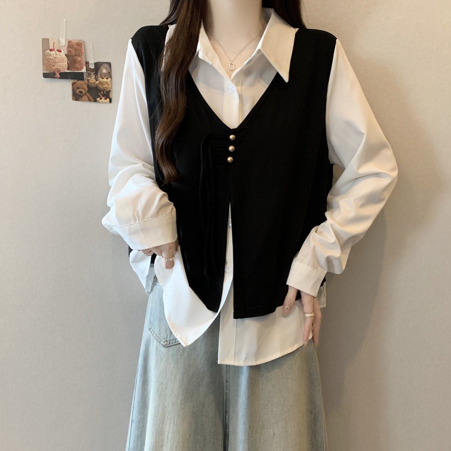 假两件马甲拼接衬衫女秋季2025大码胖mm遮肚子小香风法式轻奢上衣