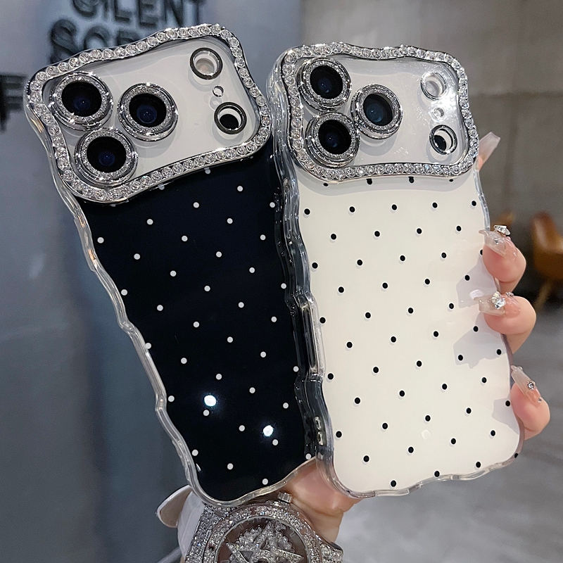 适用苹果系列iPhone17新款手机壳时尚感白底波点全包满钻精孔镜框