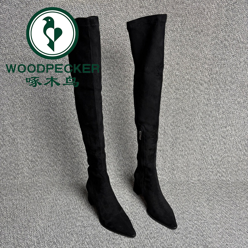啄木鸟卡其色尖头高跟鞋2025年秋冬新款弹力瘦瘦靴瘦腿靴子过膝靴