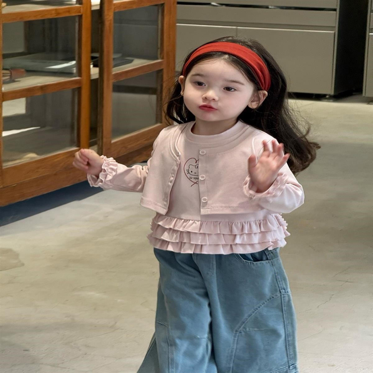 女童套装假两件花边上衣2025秋季长袖衫女宝宝洋气百搭阔腿裤秋装