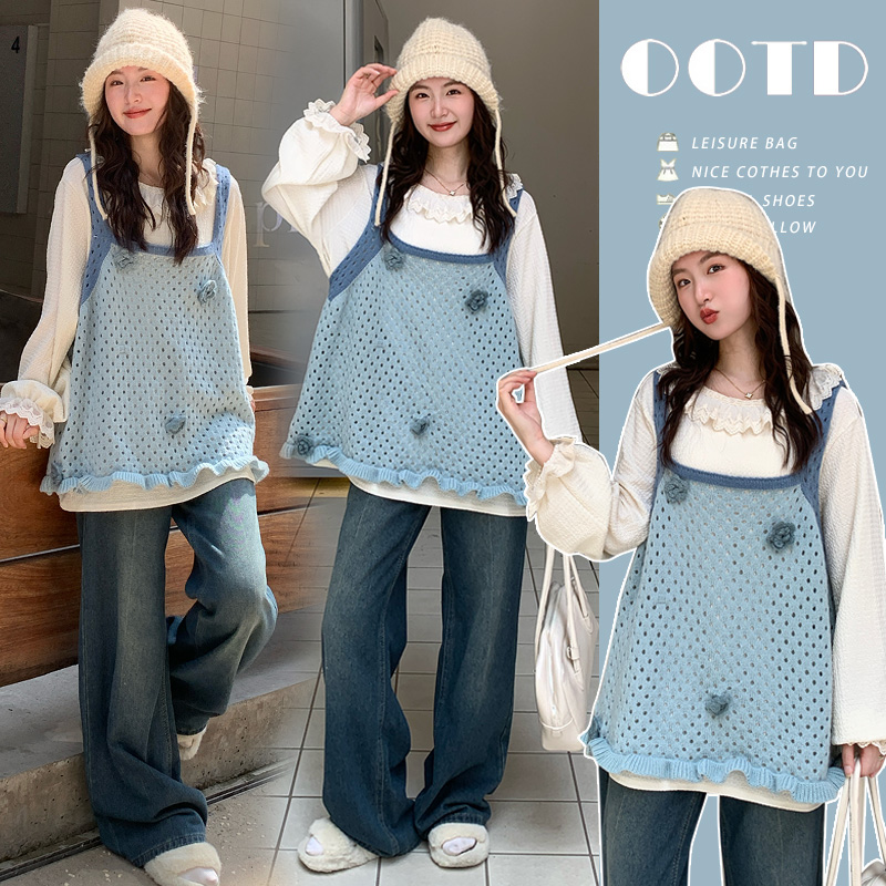 孕妇秋冬韩系新款宽松蕾丝甜美长袖吊带马甲上衣显瘦减龄两件套装