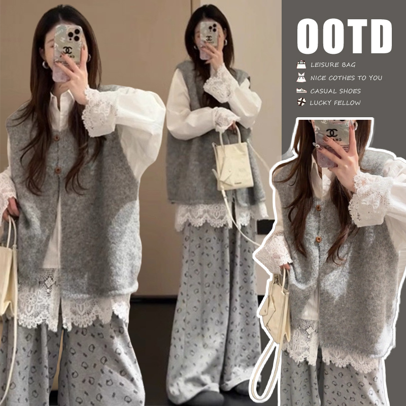 孕妇套装秋装小众韩系软糯针织马甲蕾丝拼接衬衫猫咪阔腿裤三件套