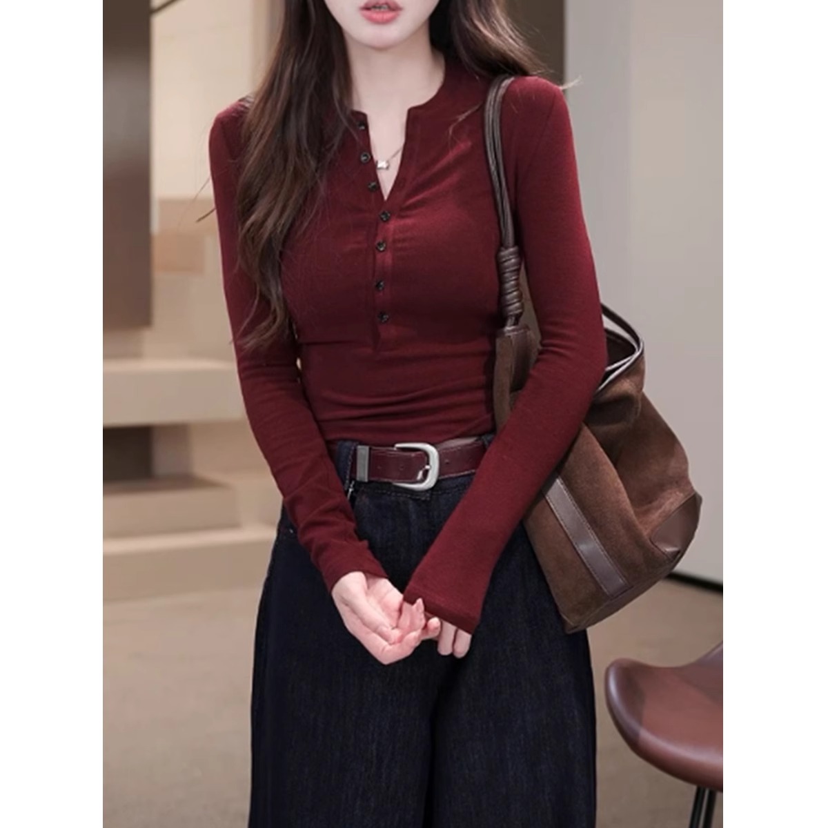 高级感安哥拉红色长袖t恤女装春秋2025年新款上衣修身打底衫内搭