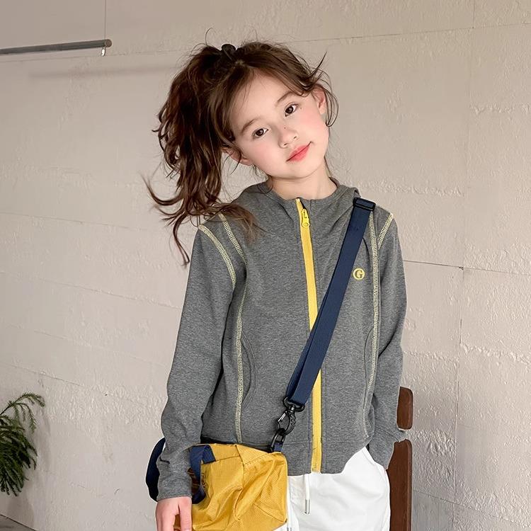 范哲萨中大童韩版洋气外套儿童春季休闲连帽卫衣女童撞色字母拉链