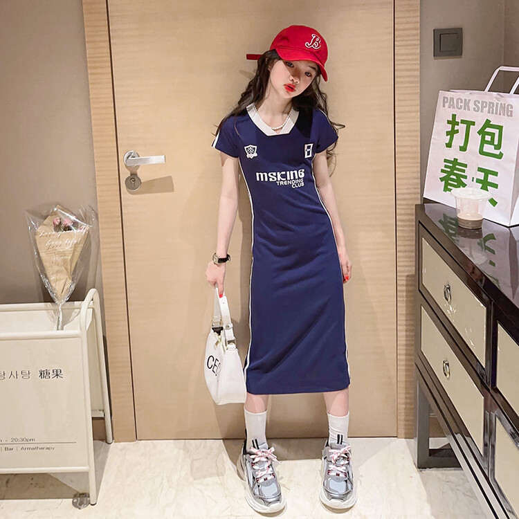 女童裙子夏季2025新款网红儿童撞色字母T恤裙夏装女孩洋气连衣裙