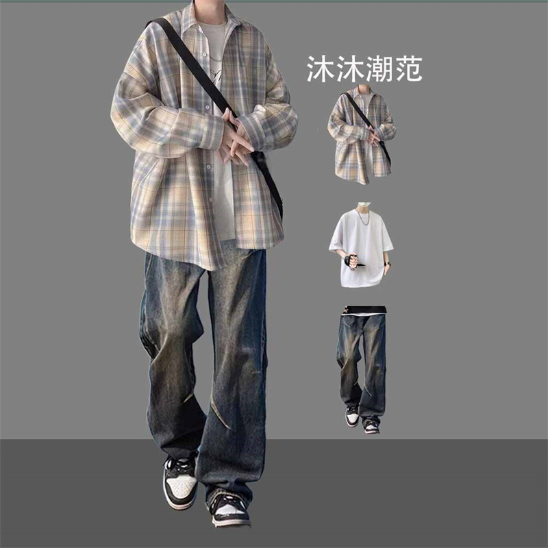 春秋季港风宽松长袖衬衫男款套装青少年帅气男装一整套潮流三件套
