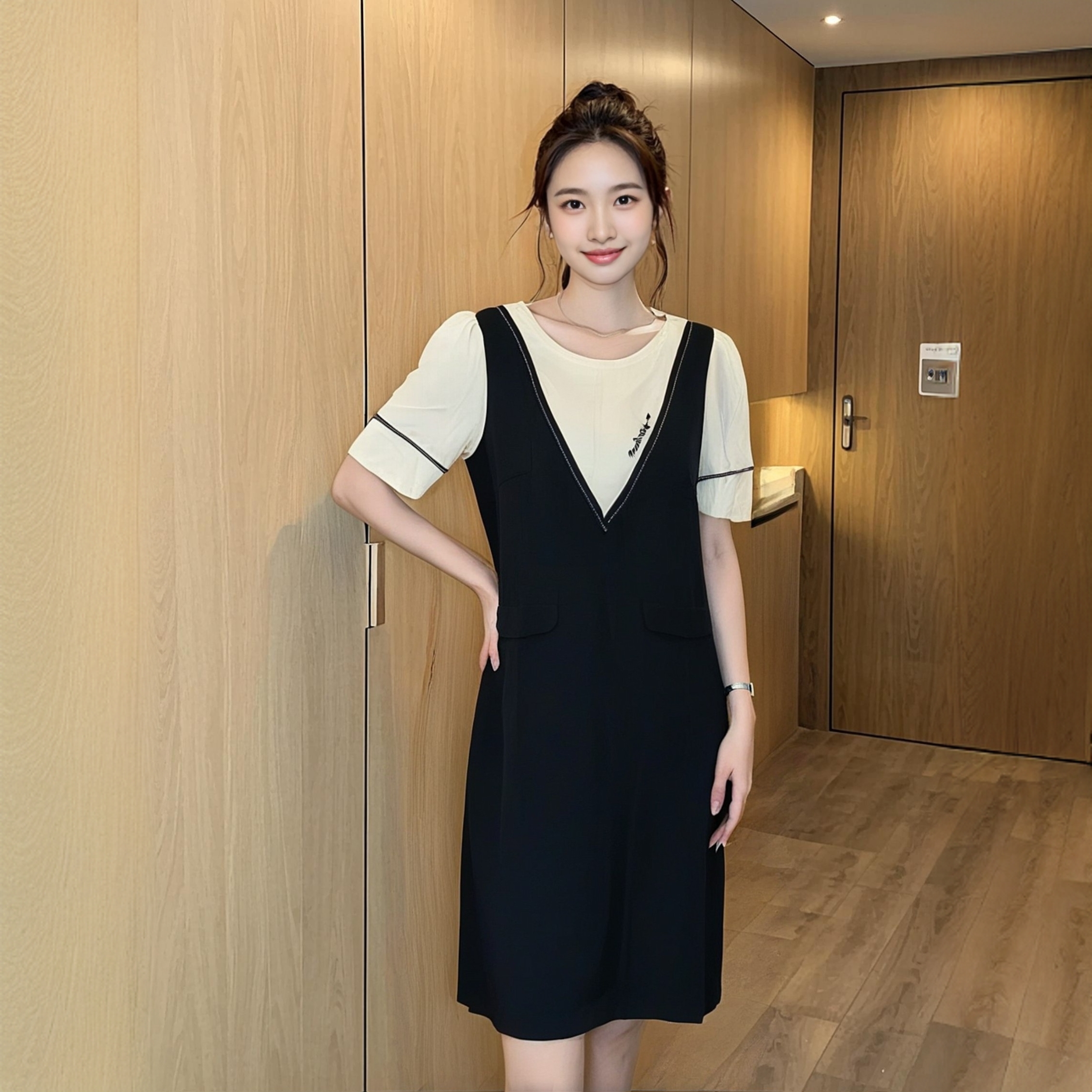 X2460极简风连衣裙显瘦时尚夏季法式百搭松紧腰休闲大码