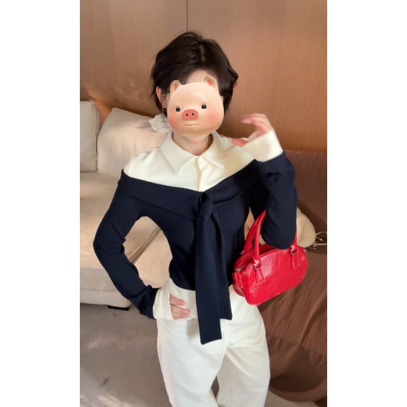 蓝白拼接假两件polo领绑带长袖T恤女设计感独特漂亮早秋chic上衣