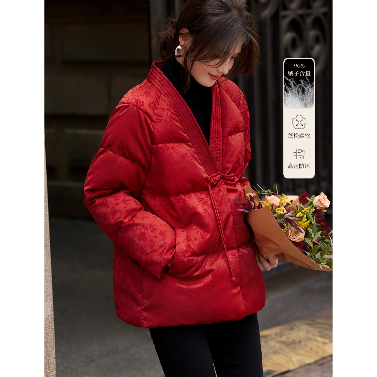25年冬季新款新中式盘扣新年保暖羽绒服国风百搭红色外套