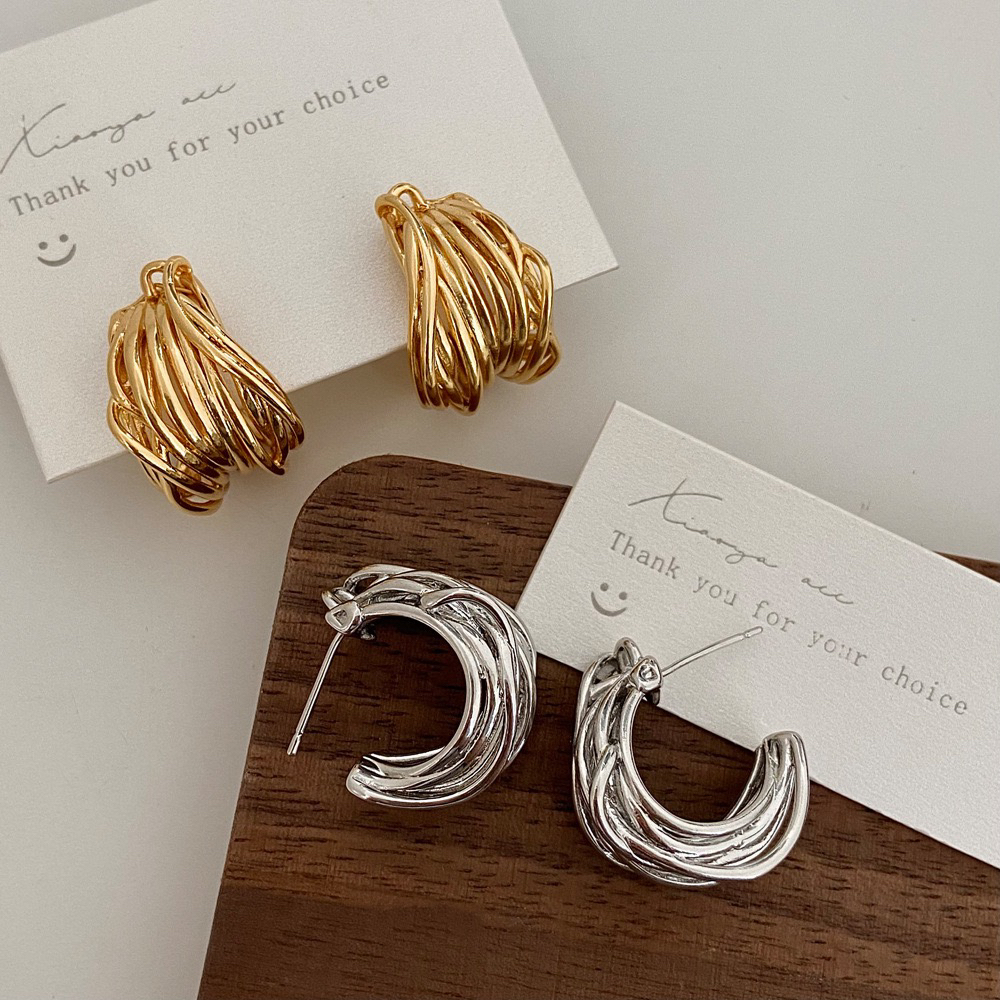 铜合金耳饰 欧美时髦高级感镂空多层立体绕线C形耳环气质耳钉耳饰