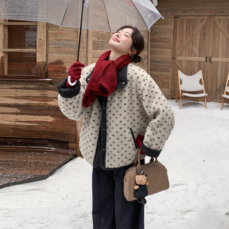 羊羔毛拼接碎花夹棉外套2025冬季新款小众休闲慵懒风松弛感厚棉衣