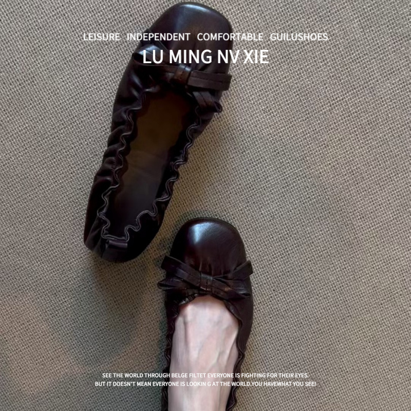 软羊皮~2025新款法式复古风百搭舒适方头蝴蝶结法式浅口方头单鞋