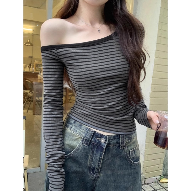 露肩一字斜领长袖打底衫2025春季条纹T恤女修身纯欲显瘦内搭上衣