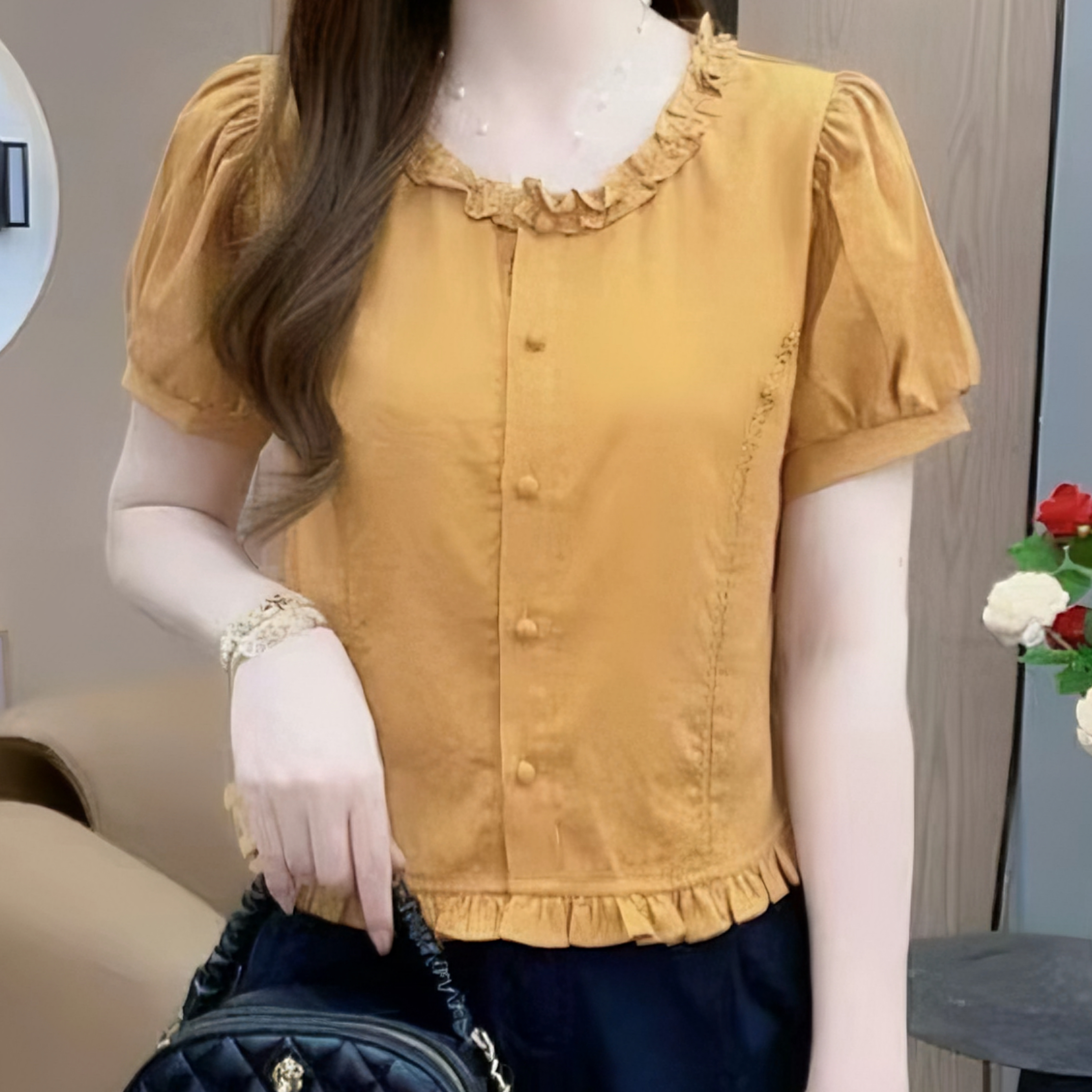 2025夏季新款花边圆领短袖衬衫女减龄显瘦洋气百搭时尚设计感上衣