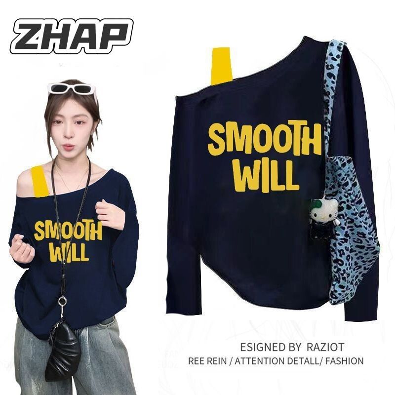 【ZHAP】斜领肩带长袖T恤女爆款穿搭秋冬款洋气收腰字母百搭高级潮