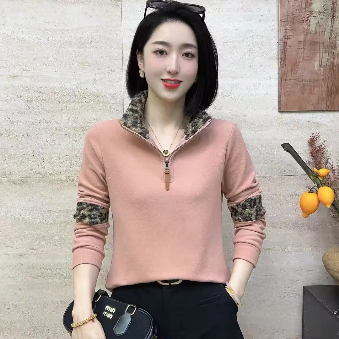 2025新品豹纹毛毛领拉链保暖长袖T恤女士89077