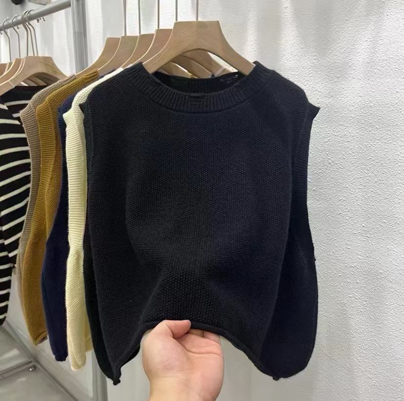 圆领磨破设计感特种纱外穿针织马甲女春秋季新款宽松韩版毛衣背心