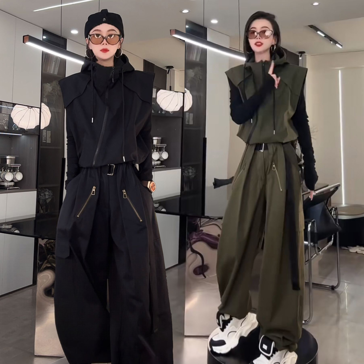 个性帅酷运动服套装女2025春秋新款时尚休闲连帽马甲外套+阔腿裤