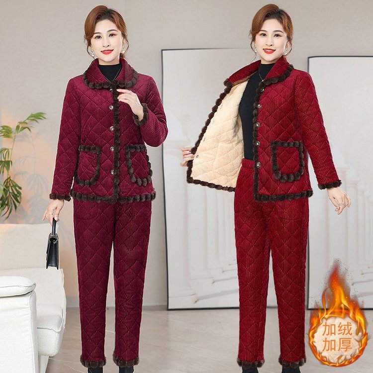 中年女士冬季加绒加厚棉衣套装防寒保暖老钱风松弛女厚棉衣外套女