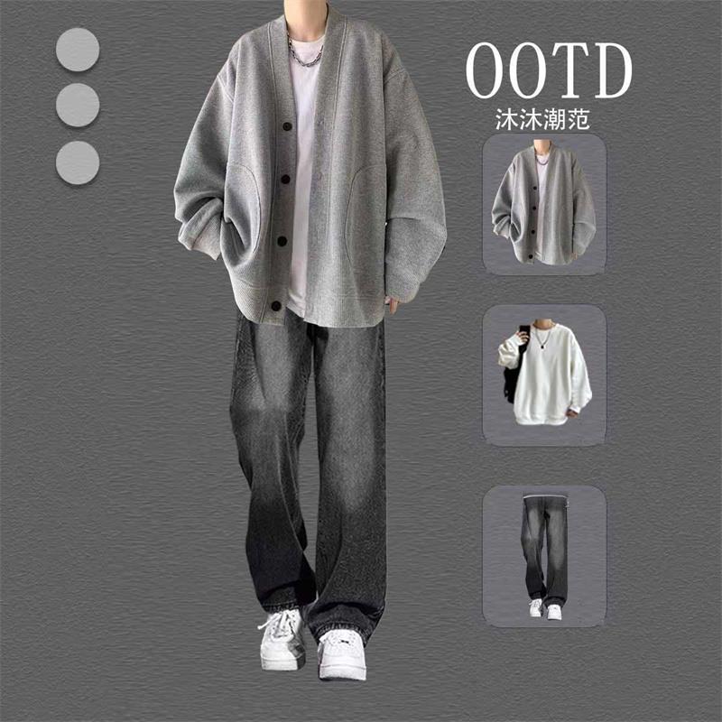 慵懒风外套男潮高级感华夫格V领针织开衫搭配三件套春秋夹克套装
