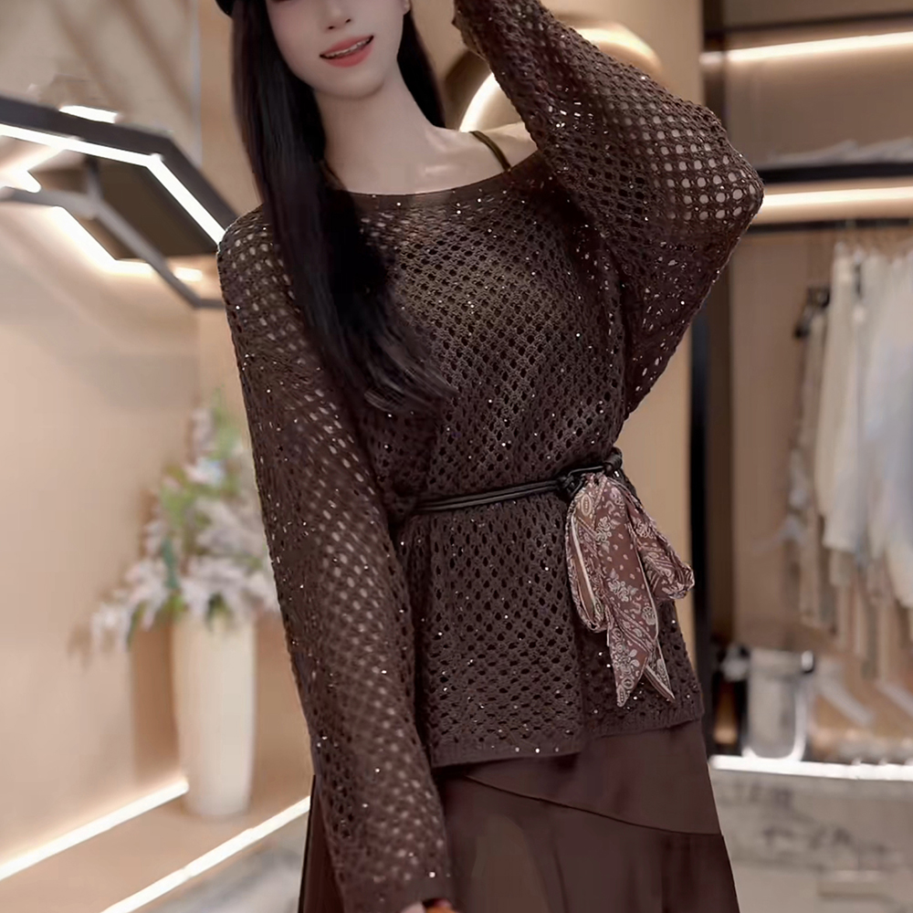 早秋新款镂空针织两件套女高级感慵懒长袖绑带收腰背心吊带毛衣