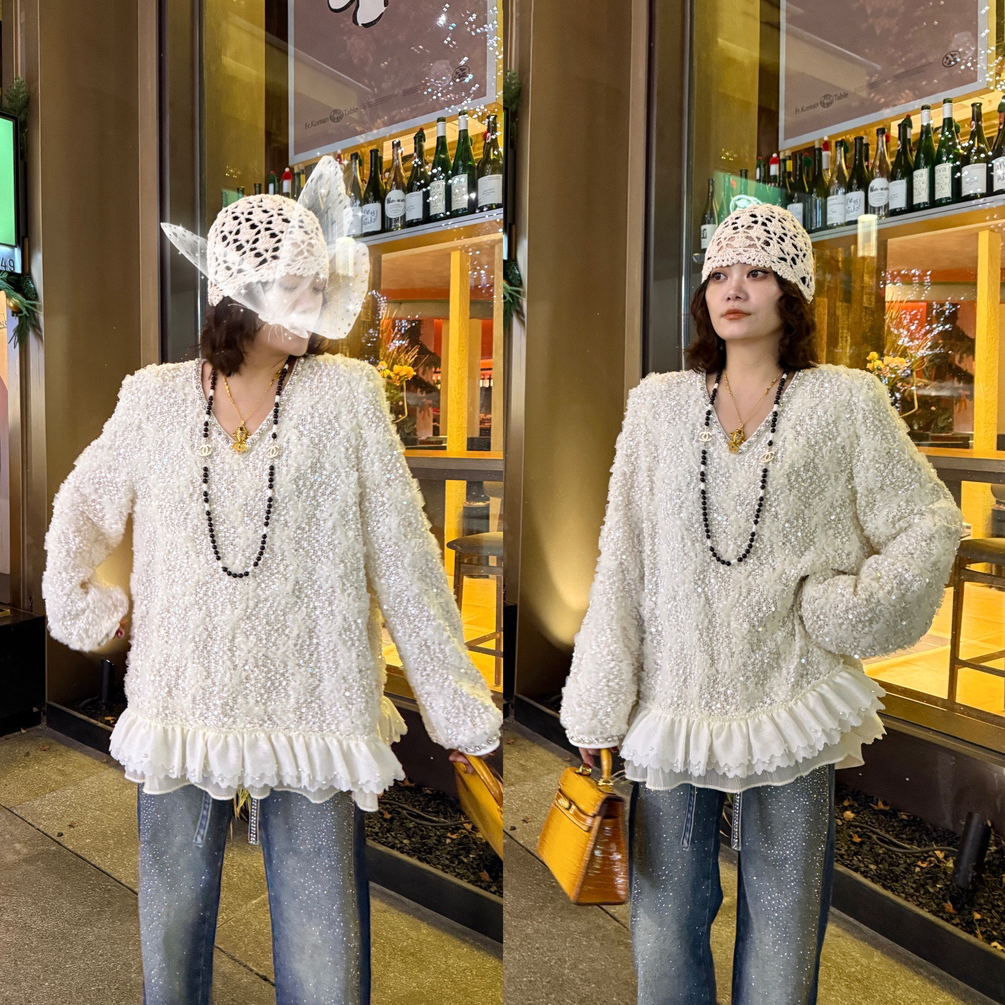 YDFSTUDIO小众【湖畔美人】欧货重工高品亮片V领花边拼接设计上衣