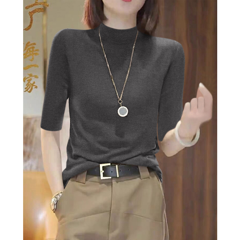 高级感修身半高领新款套头内搭上衣时尚早秋简约五分袖针织衫女装