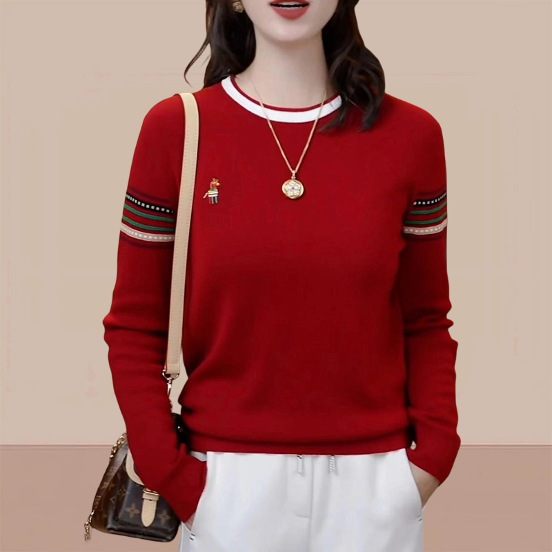 红色圣诞穿搭圆领毛衣女款爆款2025新款洋气秋冬针织衫潮流休闲服