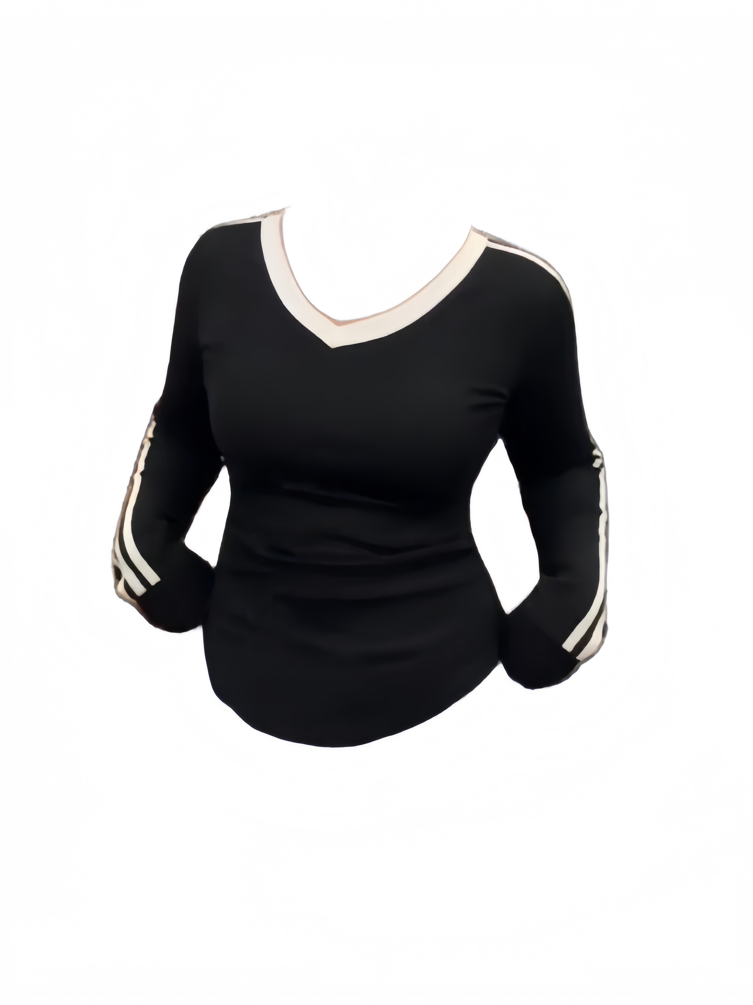 大码胖mm设计感撞色拼接三条杠v领长袖T恤女春秋修身显瘦打底上衣