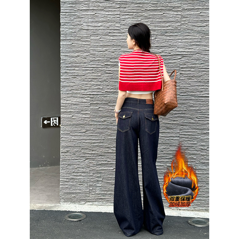原牛丹宁加绒阔腿牛仔裤女2025年冬季新款高腰大裤脚垂感百搭长裤