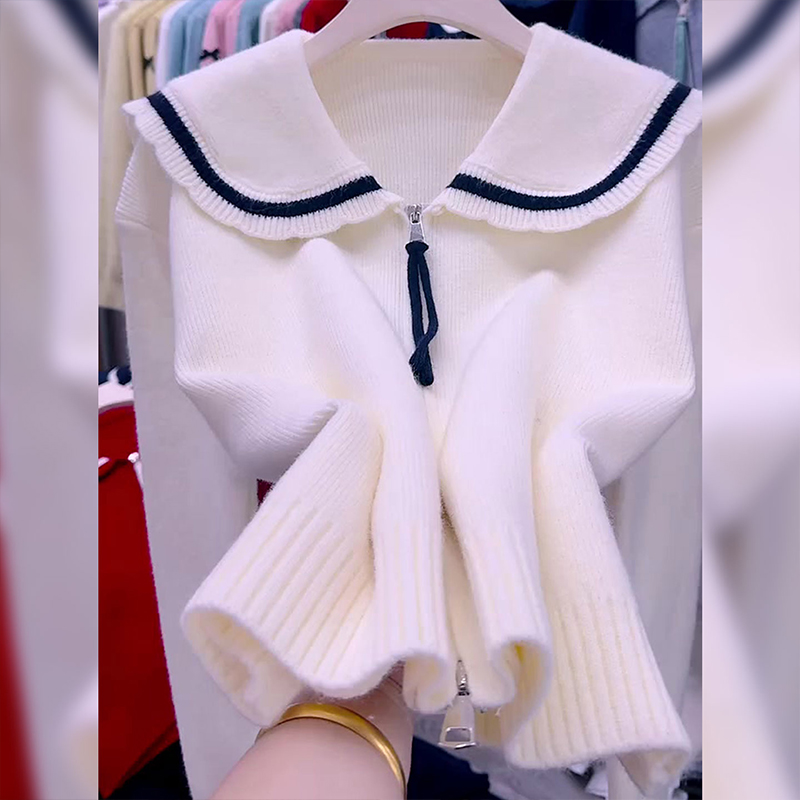 韩版软糯温柔风简约针织开衫冬季大码胖MM气质显瘦娃娃领毛衣外套